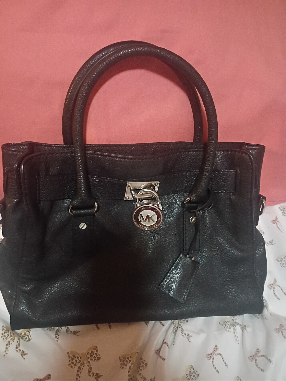 Michael Kors Real Black Leather Satchel with MK Charm, Hamilton Sachel